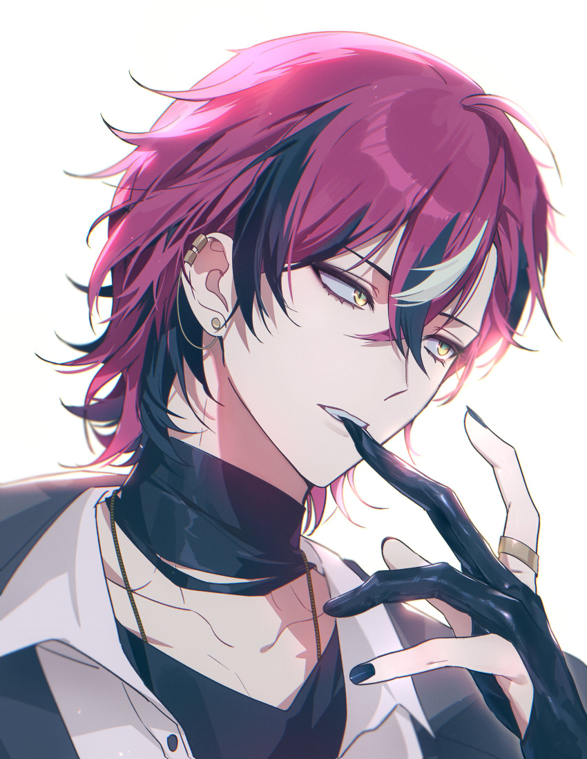 1boy, absurdres, arm_up, black_gloves, black_hair, black_nails, black_shirt, collarbone, collared_shirt, crossed_bangs, doppio_dropscythe, ear_chain, ear_piercing, earrings, eyelashes, fingernails, glove_in_mouth, gloves, hair_between_eyes, highres, jewelry, layered_clothes, looking_to_the_side, male_focus, mouth_hold, multicolored_hair, nail_polish, nijisanji, nijisanji_en, open_clothes, open_shirt, parted_lips, partially_fingerless_gloves, piercing, purple_hair, ring, shirt, sideways_glance, simple_background, solo, streaked_hair, teeth, upper_body, v-neck, virtual_youtuber, white_background, white_hair, white_shirt, yellow_eyes, zzangto
