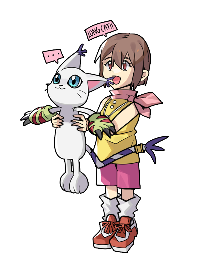 ..., 2girls, animal, blue_eyes, body_fur, brown_eyes, brown_hair, cat, digibibim, digimon, digimon_(creature), digimon_adventure, full_body, holding, holding_animal, holding_cat, longcat_(meme), meme, multiple_girls, pink_shorts, shirt, short_hair, shorts, simple_background, sleeveless, sleeveless_shirt, speech_bubble, tail, tail_ornament, tail_ring, tailmon, whiskers, white_background, white_fur, yagami_hikari, yellow_shirt