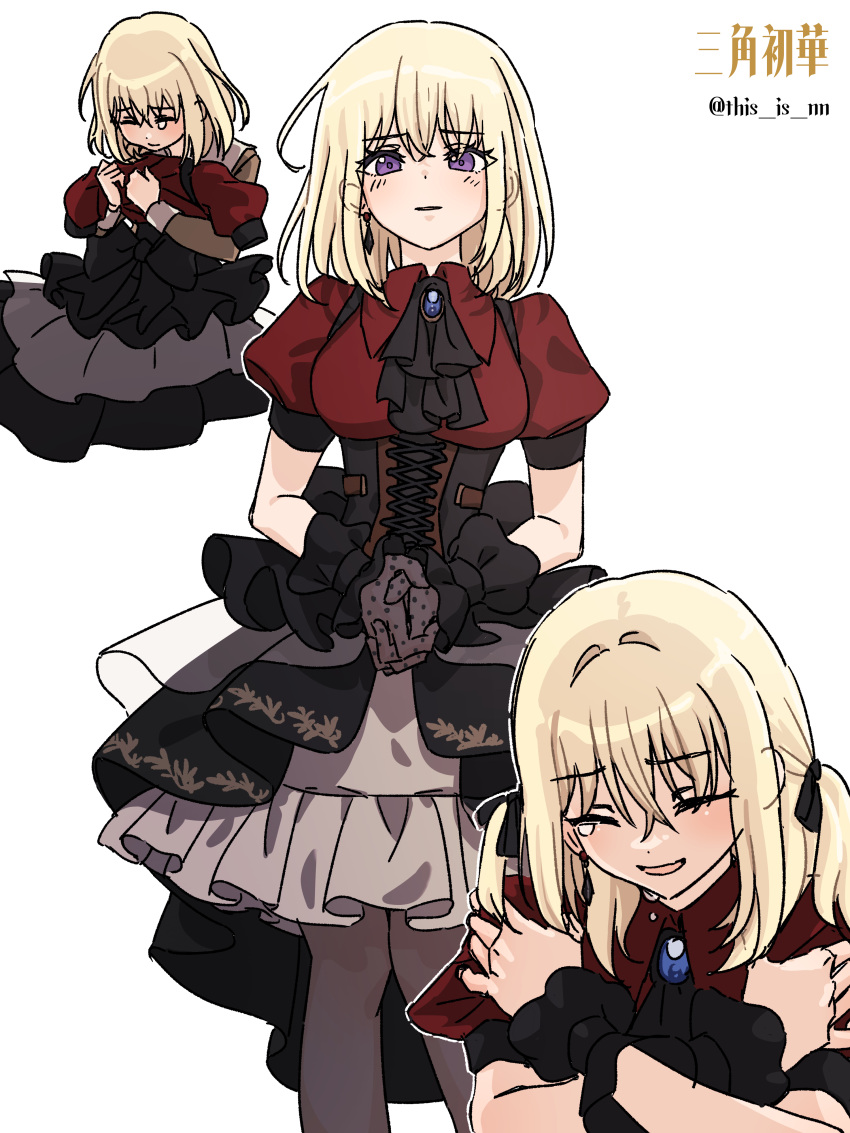 absurdres, ascot, bang_dream!, bang_dream!_it's_mygo!!!!!, black_ascot, black_corset, black_pantyhose, blonde_hair, blue_brooch, blush, corset, cosplay, crying, hanasakigawa_school_uniform, highres, medium_hair, misumi_uika, multiple_views, nijino_gnv, oblivionis_(bang_dream!), own_hands_together, pantyhose, parted_lips, red_shirt, school_uniform, shirt, short_sleeves, simple_background, togawa_sakiko, togawa_sakiko_(cosplay), twitter_username, two_side_up, violet_eyes, white_background