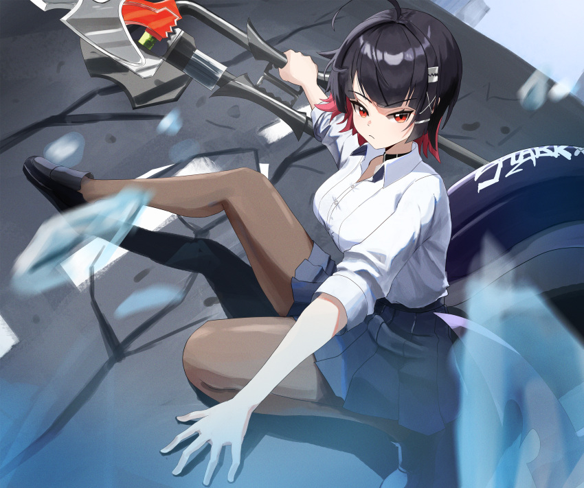 1girl, absurdres, black_hair, black_pantyhose, black_skirt, breasts, broken_glass, debris