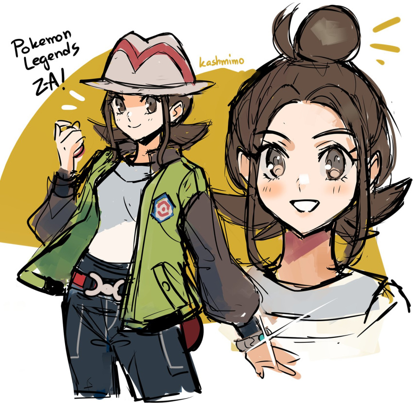 1girl, blush, breasts, brown_hair, english_commentary, english_text, female_protagonist_(pokemon_legends:_z-a), hat