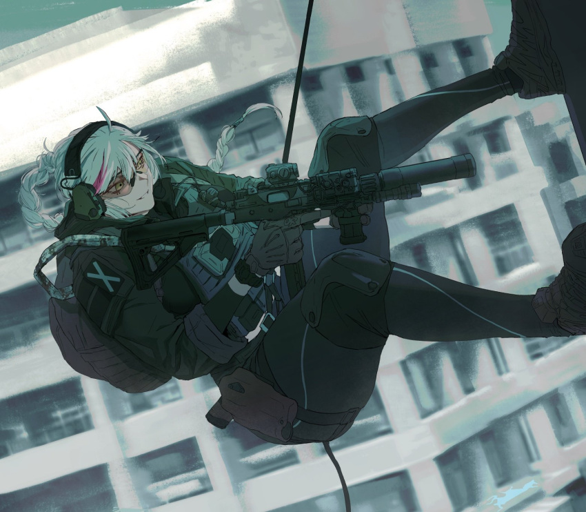 1girl, arm_pouch, b&amp;t_mp9, backpack, bag, black_jacket, black_undershirt, braid