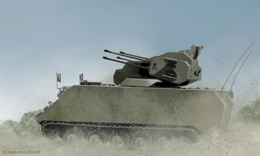 aiming, anti-aircraft_gun, autocannon, cannon, caterpillar_tracks, dead-robot, dust, military, no_humans, original, self-propelled_anti-aircraft_weapon, sidam_25, smoke, vehicle_focus