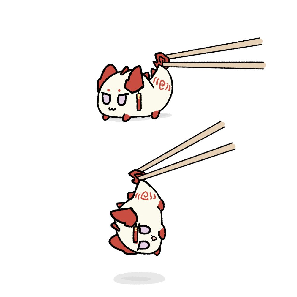 :d, arknights, chibi, chopsticks, closed_mouth, commentary, dragon_bubble_(arknights), english_commentary, nian_(arknights), no_humans, shadow, smile, violet_eyes, white_background, zedchan