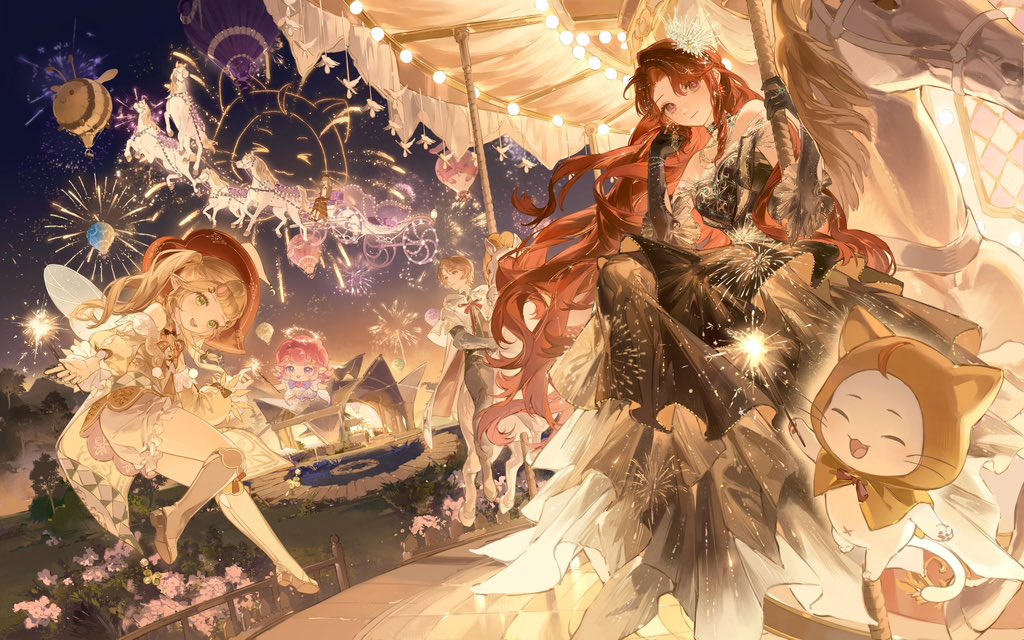 1boy, 2girls, ^_^, ahoge, aircraft, animal, bangs_pinned_back, bare_shoulders, black_choker, black_dress, black_gloves, black_pants, black_shoes, blonde_hair, blue_eyes, bow, bow_legwear, bowtie, bright_pupils, brown_hair, carousel, carriage, cat, chinese_commentary, choker, cloak, closed_eyes, closed_mouth, clothed_animal, commentary_request, crown, dress, ear_covers, earrings, elbow_gloves, faewish_sprite, fairy, fairy_wings, fireworks, flower, flying_animal, foodie_bee, forehead, frilled_gloves, frills, full_body, gloves, gold_earrings, gown, grass, green_eyes, hand_in_own_hair, happy, hat, holding, holding_fireworks, hood, hood_down, hood_up, hooded_cloak, hooded_robe, horse, hot_air_balloon, house, infinity_nikki, jewelry, kneehighs, lamblab0824, long_dress, long_hair, looking_at_viewer, marques_jr._(infinity_nikki), mary_janes, medium_dress, mini_crown, momo_(nikki), multiple_girls, necklace, nikki_(nikki), nikki_(series), official_art, open_mouth, outdoors, pants, pink_eyes, pink_pupils, pointy_ears, purple_flower, red_bow, red_bowtie, red_hair, red_hat, red_robe, riding, robe, scintillada_(infinity_nikki), shoes, short_hair, sitting, smile, socks, sparkler, stardust_flare_(infinity_nikki), strapless, strapless_dress, timis_(infinity_nikki), top_hat, tree, twilight, twintails, two-sided_robe, very_long_hair, wavy_hair, whiskers, white_cat, white_crown, white_robe, white_socks, white_wings, wings, yellow_cloak, yellow_dress, yellow_shoes