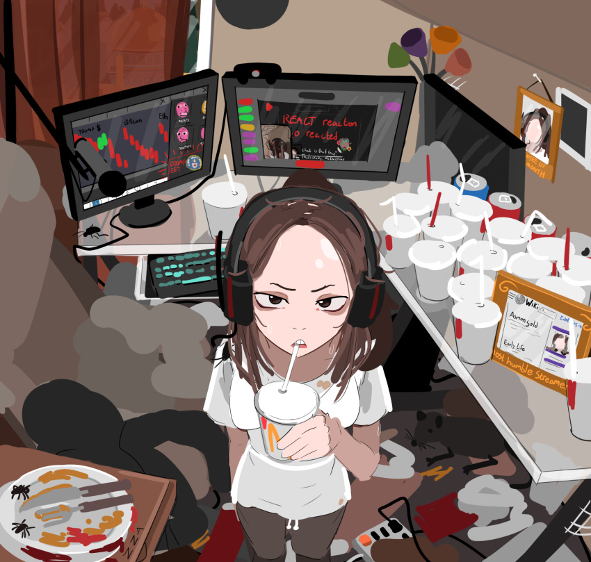 1girl, asmongold, black_pants, brown_hair, bug, can, chair, cockroach, computer_keyboard, cup, desk, disposable_cup, drink_can, drinking_straw, english_commentary, fork, gaming_chair, genderswap, genderswap_(mtf), headphones, highres, holding, holding_cup, indoors, knife, kurokimoko, long_hair, messy_room, monitor, pants, plate, real_life, shirt, soda_can, solo, spider, swivel_chair, white_shirt
