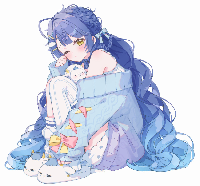 1girl, absurdres, ahoge, amamiya_kokoro, animal_slippers, blue_hair, bow, braid, camisole, cardigan, full_body, hair_bow, hair_ornament, heart, heart_print, highres, long_hair, looking_at_viewer, messy_hair, mugichoco, nijisanji, off_shoulder, one_eye_closed, pajamas, rubbing_eyes, shorts, simple_background, sitting, sleepy, sleeveless, sleeves_past_wrists, slippers, solo, stuffed_unicorn, tears, thigh-highs, thighhighs_pull, very_long_hair, virtual_youtuber, wavy_hair, white_background, x_hair_ornament, yellow_eyes