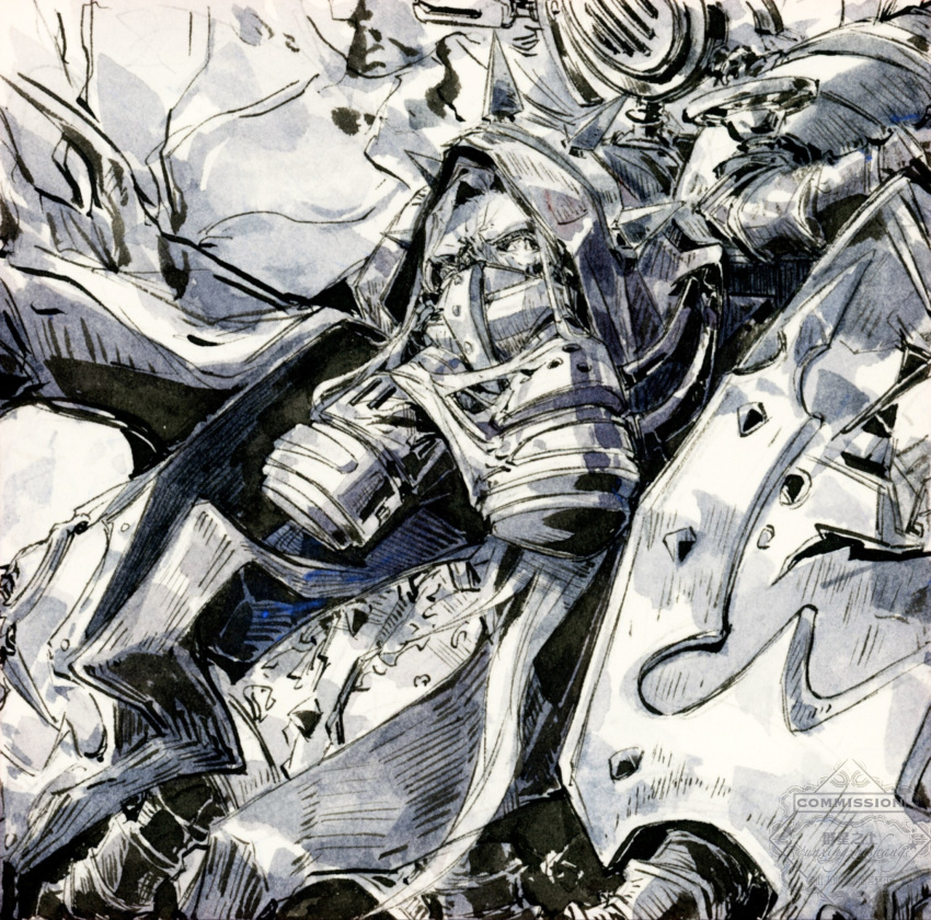 1boy, armor, breastplate, chaos_(warhammer), commentary, commission, damaged_skin, death_guard