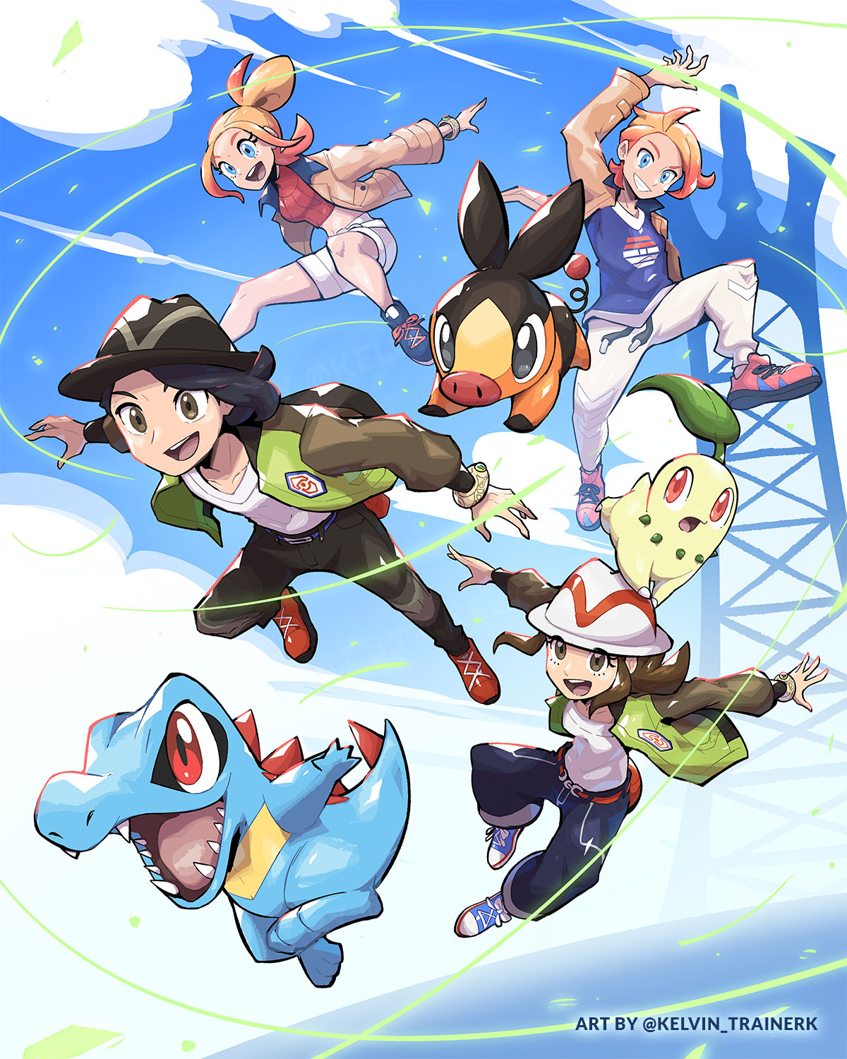 2boys, 2girls, :d, arm_up, bell-bottoms, belt, black_hair, blonde_hair