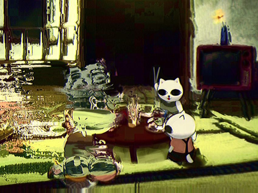 animal, black_eyes, blurry, brother_and_sister, cat, chabudai_(table), chibi, chibi_only