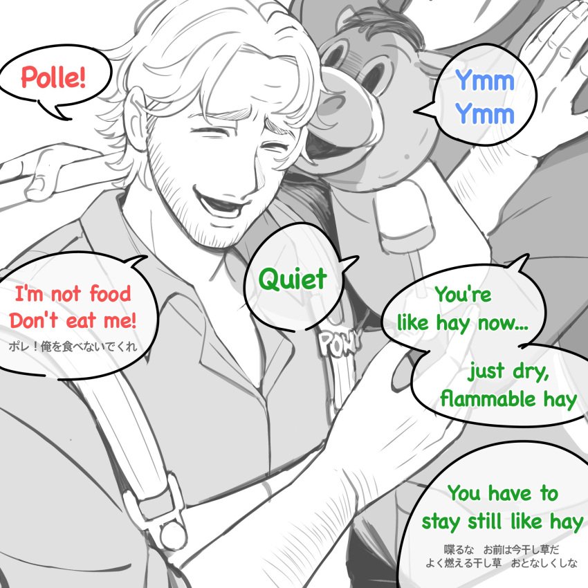 2boys, ^_^, closed_eyes, curly_(mouthwashing), curly_(pre-crash), curtained_hair, english_text, facial_hair