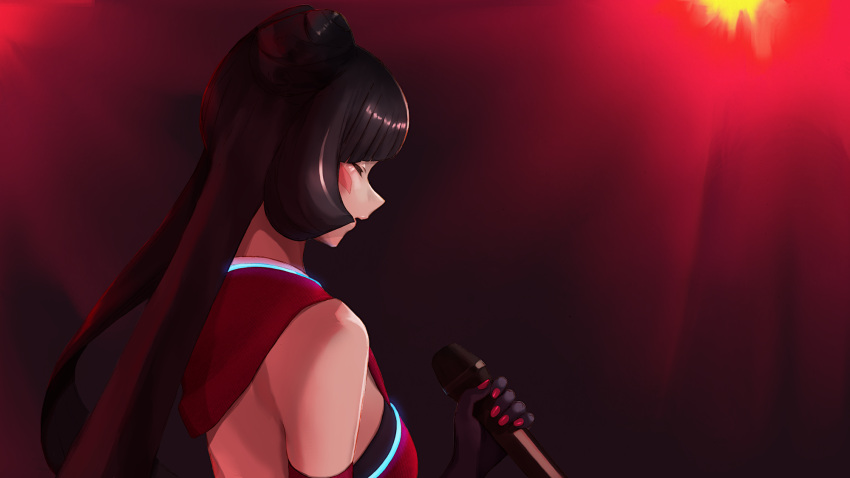 1girl, azki_(1st_costume)_(hololive), azki_(hololive), bare_shoulders, black_gloves, black_hair, closed_eyes, commentary_request