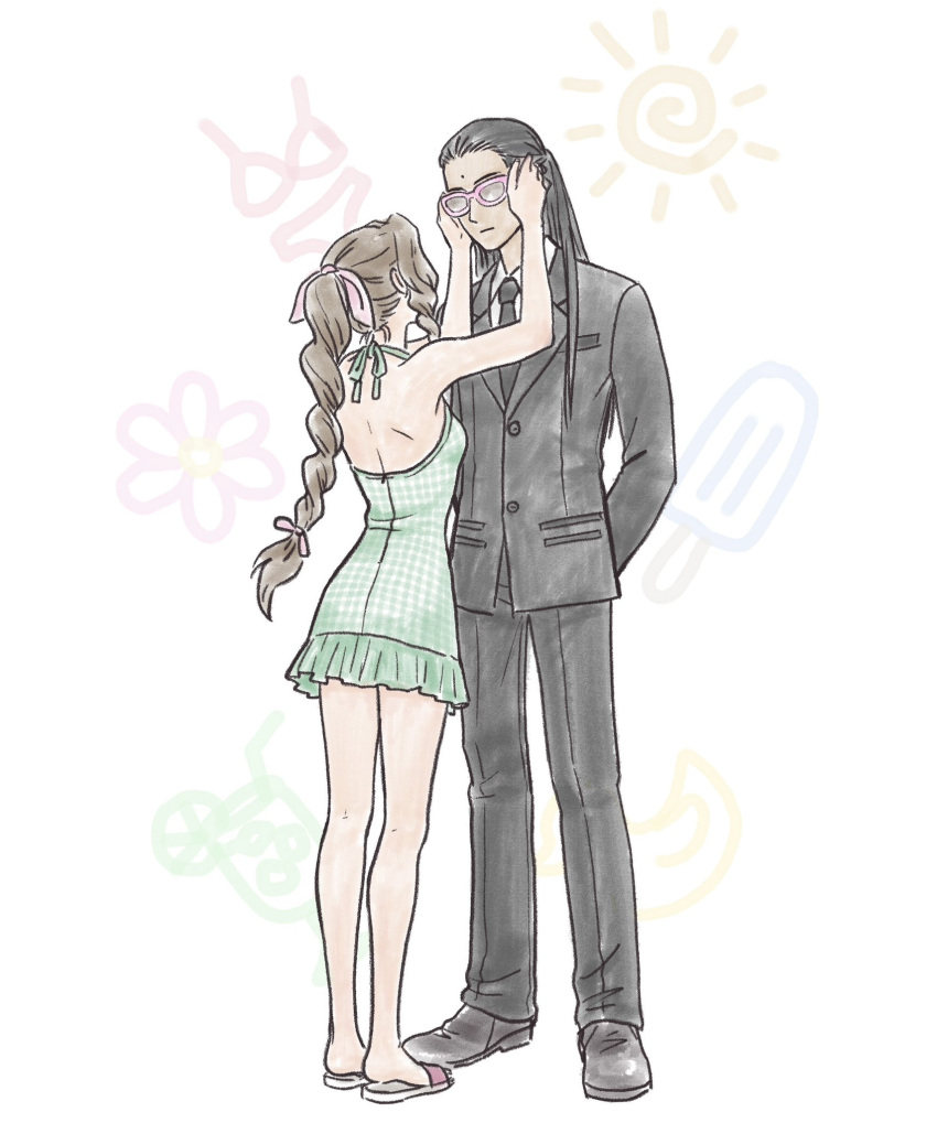 1boy, 1girl, aerith_gainsborough, black_hair, black_suit, braid, braided_ponytail, brown_hair