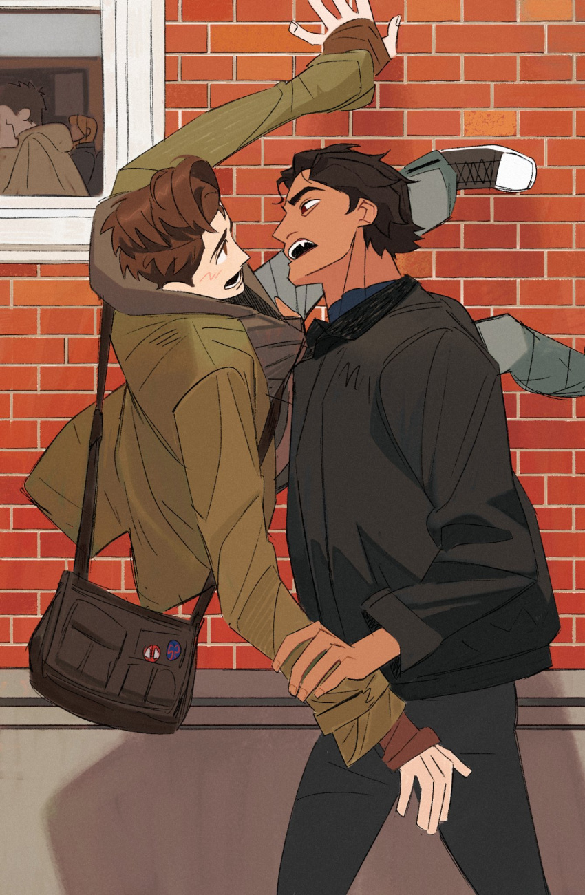 2boys, bag, black_bag, black_hair, black_jacket, blue_pants, blush, brick_wall, brown_eyes, brown_hair, chinese_commentary, clothes_grab, commentary_request, converse, dark-skinned_male, dark_skin, denim, dingnin98201637, eye_contact, fang, feet_out_of_frame, green_jacket, highres, jacket, jeans, layered_sleeves, long_sleeves, looking_at_another, male_focus, marvel, marvel_cinematic_universe, miguel_o'hara, multiple_boys, pants, peter_b_parker, red_eyes, shoelaces, shoulder_bag, sideburns, sleeves_past_wrists, spider-man:_across_the_spider-verse, spider-man_(series), spider-verse, teeth, upper_teeth_only, window