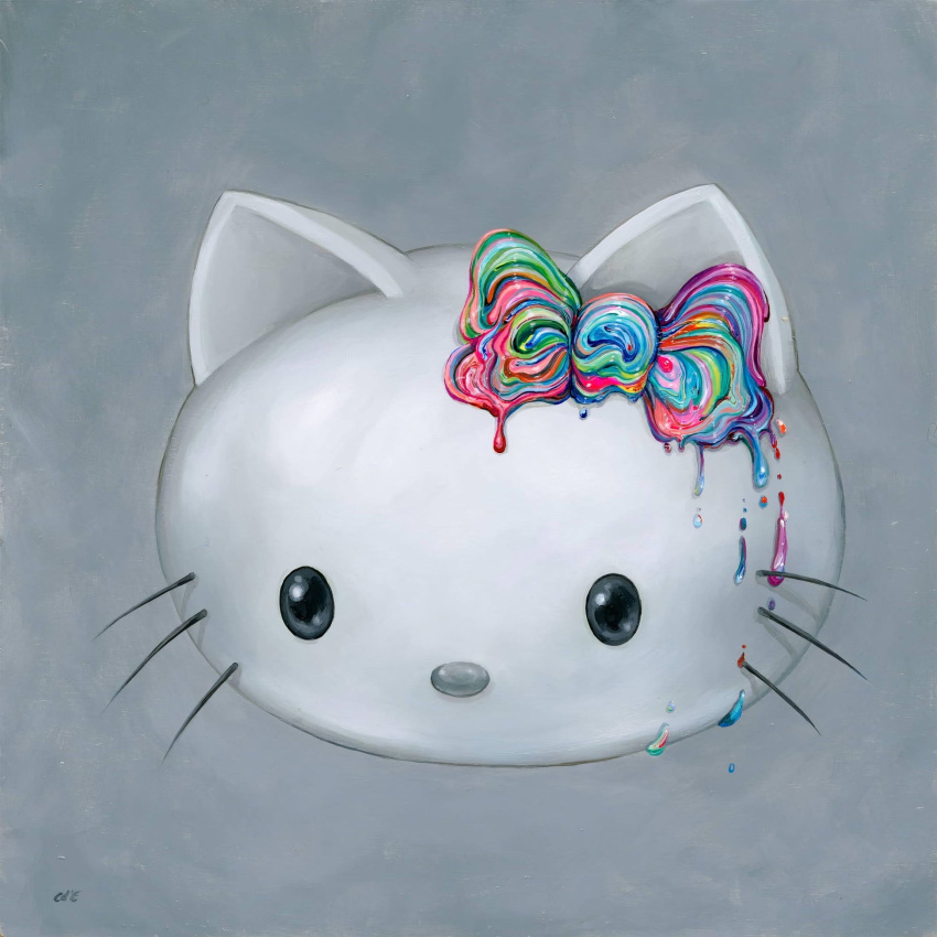 bow, camilla_d'errico, cat, cat_girl, dripping, grey_background, hello_kitty, hello_kitty_(character)