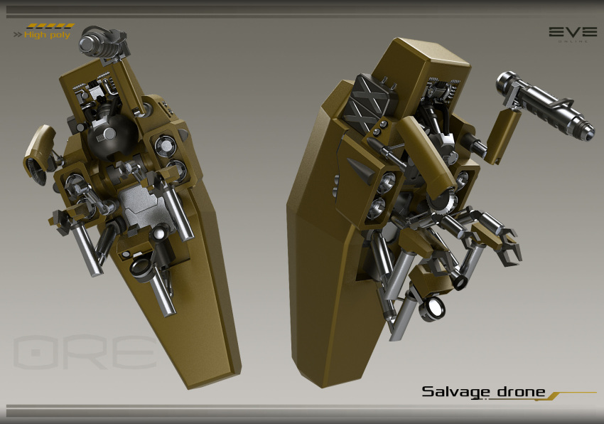 3d, circular_saw, commentary, copyright_logo, copyright_name, drone, english_text, eve_online, from_side, glint, gradient_background, grey_background, highres, joints, kaspercohen_(kasper_hansen), logo, machinery, mecha, mecha_focus, mechanical_arms, monochrome_background, multiple_views, no_humans, non-humanoid_robot, official_art, outer_ring_excavations_(eve_online), realistic, robot, robot_joints, saw, science_fiction, spacecraft, thrusters