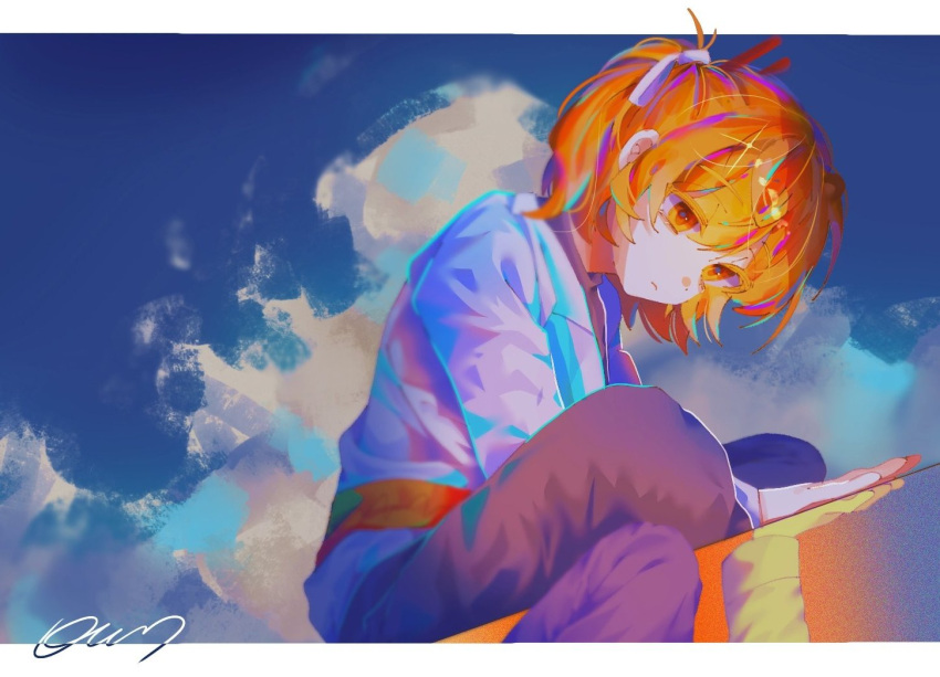 1girl, a.i._voice, adachi_rei, baekcaffeine, black_pants, black_shirt, blue_sky, clouds, gloves, hair_between_eyes, hair_ribbon, jacket, long_sleeves, open_clothes, open_jacket, orange_eyes, orange_hair, pants, radio_antenna, ribbon, shirt, sitting, sky, solo, utau, white_gloves, white_jacket, white_ribbon