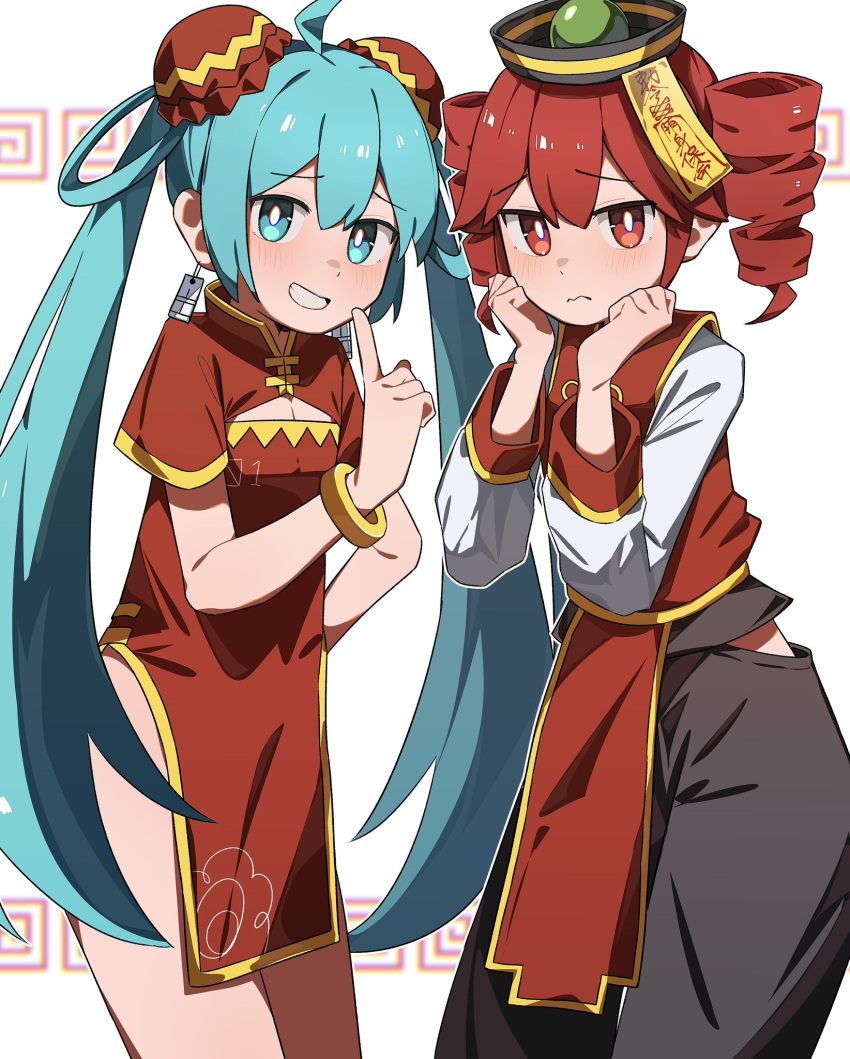 2girls, ahoge, alternate_costume, black_hat, black_pants, blue_eyes, blue_hair, blush