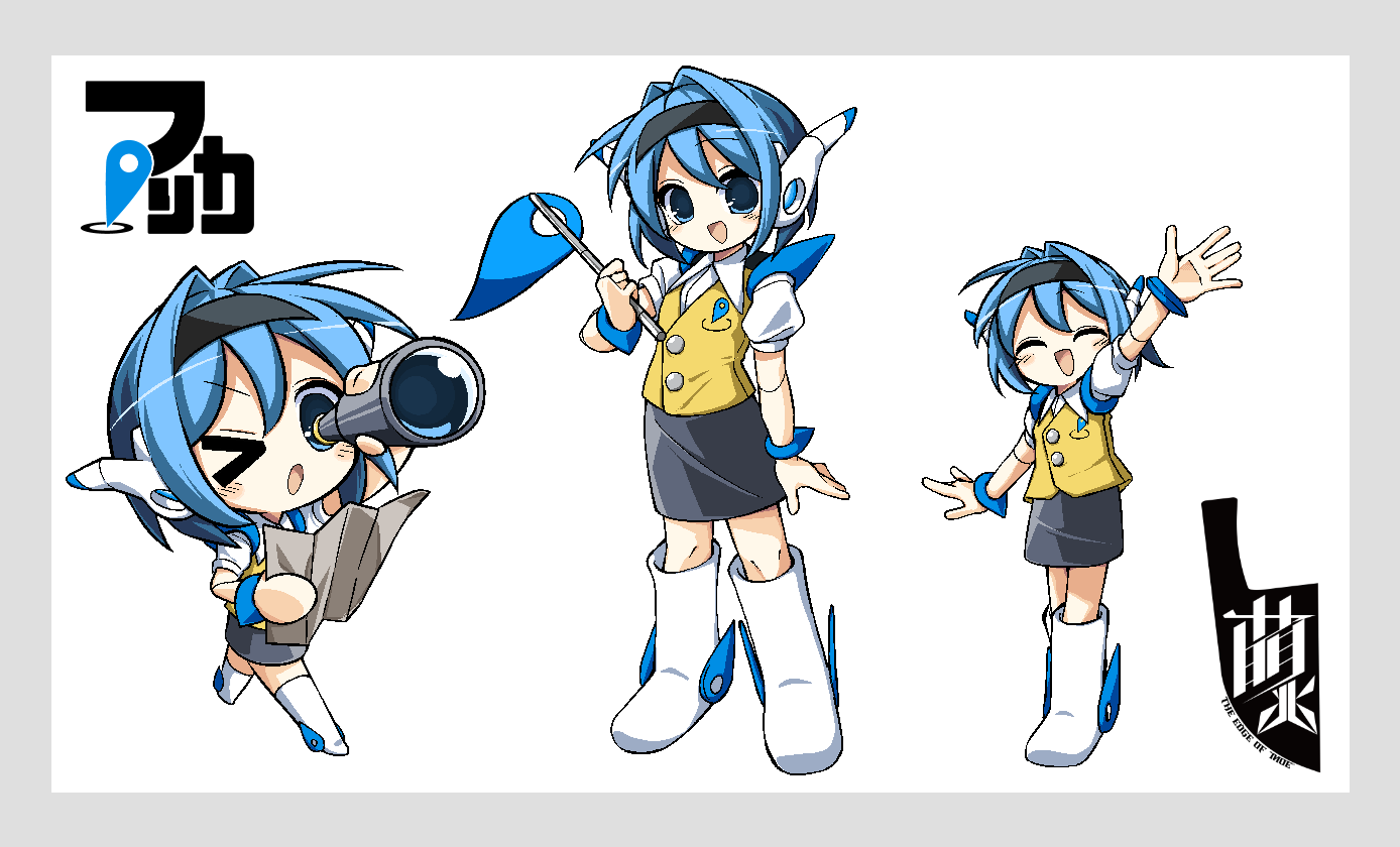>_o, arika_(yassu), arm_up, black_hairband, black_skirt, blue_eyes, blue_hair, blush