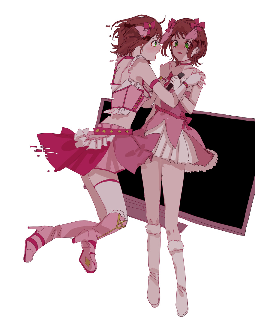 2girls, absurdres, amami_haruka, bare_shoulders, blush, boots, bow, brown_hair