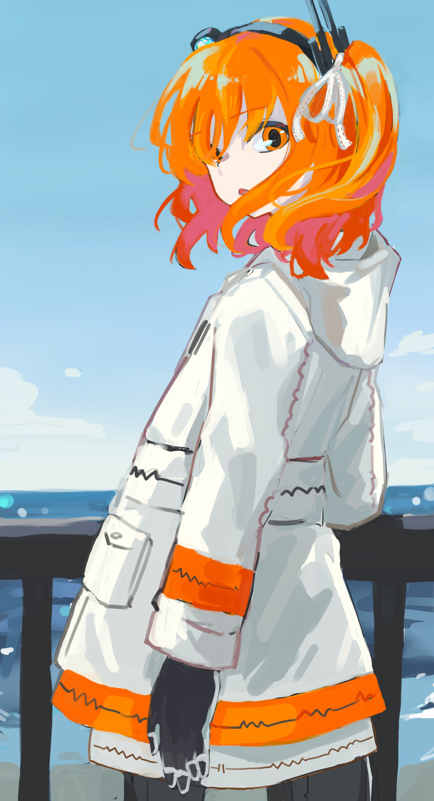 1girl, a.i._voice, absurdres, adachi_rei, black_gloves, black_hairband, black_pantyhose, blue_sky, clouds, day, from_behind, gloves, hair_ribbon, hairband, hand_on_railing, headlamp, highres, jacket, long_sleeves, looking_back, ocean, open_mouth, orange_eyes, orange_hair, pantyhose, radio_antenna, railing, ribbon, side_ponytail, skirt, sky, solo, standing, uranosebi, utau, white_jacket, white_ribbon