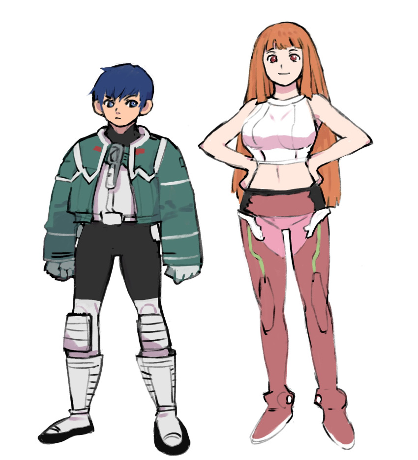 1boy, 1girl, aqua_jacket, arms_at_sides, bare_arms, bare_shoulders, blue_eyes, blue_hair
