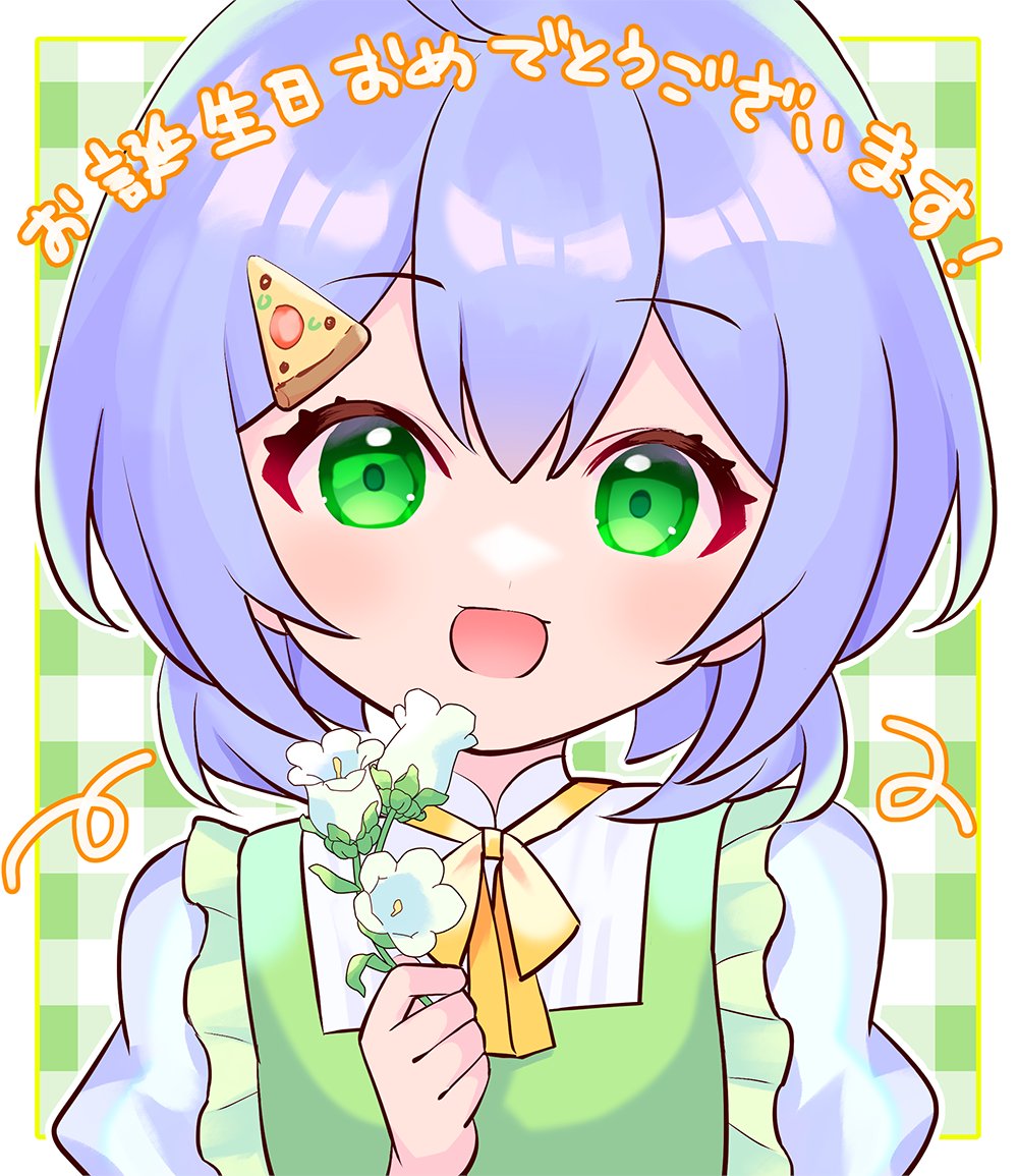 1girl, apron, ayla_lawrence, blue_hair, checkered_background, dress, flat_chest, flower, food-themed_hair_ornament, frilled_apron, frills, green_apron, green_eyes, hair_between_eyes, hair_ornament, hazure_skill_"kinomi_master":_skill_no_mi_(tabetara_shinu)_wo_mugen_ni_taberareru_you_ni_natta_ken_nitsuite, holding, holding_flower, iincho_(airi8751), light_blush, looking_at_viewer, medium_hair, open_mouth, pizza_hair_ornament, smile, solo, white_dress
