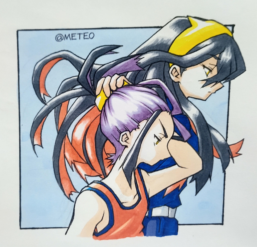 1boy, 1girl, arm_up, black_hair, blue_jacket, brother_and_sister, carmine_(pokemon), closed_mouth, commentary_request, from_side, hair_between_eyes, hairband, highres, jacket, kieran_(pokemon), long_hair, meteo422837, multicolored_hair, pokemon, pokemon_sv, profile, purple_hair, red_hair, red_tank_top, retro_artstyle, siblings, simple_background, tank_top, traditional_media, twitter_username, upper_body, yellow_eyes, yellow_hairband