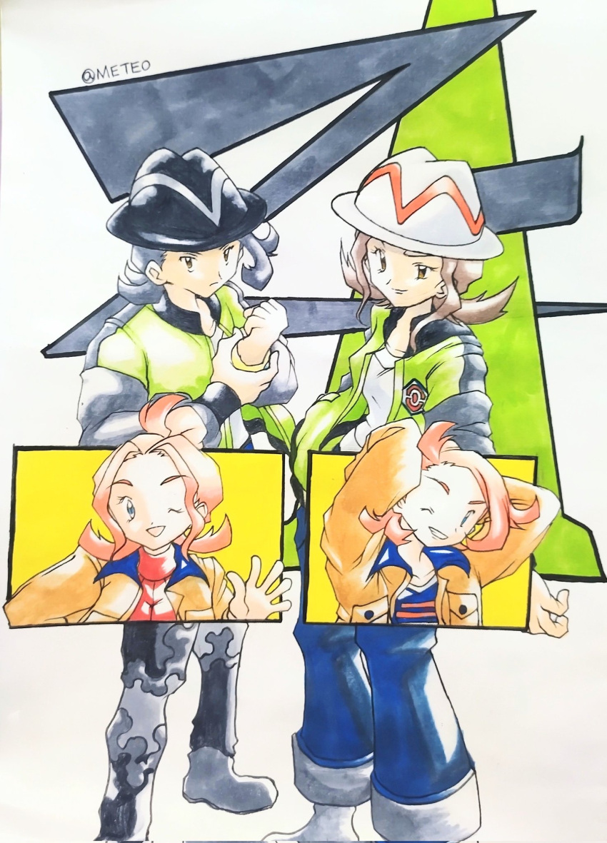 2boys, 2girls, ;d, black_hair, black_hat, blue_pants, blue_shirt, brown_eyes, brown_hair, closed_mouth, collared_shirt, commentary_request, female_protagonist_(pokemon_legends:_z-a), frown, green_jacket, grey_hair, grey_shoes, hat, highres, jacket, male_protagonist_(pokemon_legends:_z-a), meteo422837, multiple_boys, multiple_girls, one_eye_closed, open_mouth, pants, pink_hair, pokemon, pokemon_legends:_z-a, red_shirt, retro_artstyle, shirt, shoes, sidelocks, smile, taunie_(pokemon), twintails, urbain_(pokemon), white_hat, white_shirt