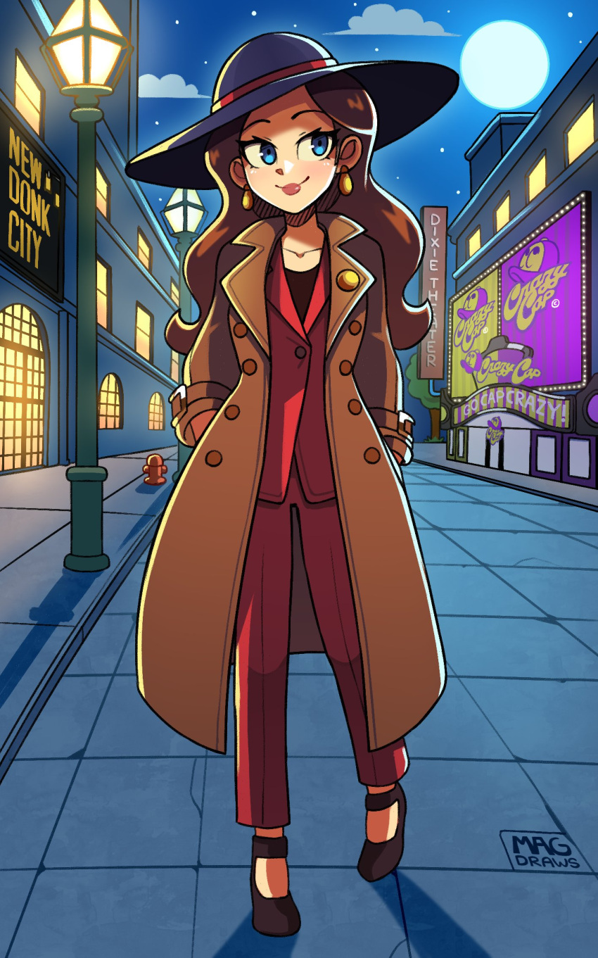 1girl, artist_name, black_hat, blue_eyes, brown_coat, brown_hair, coat, earrings