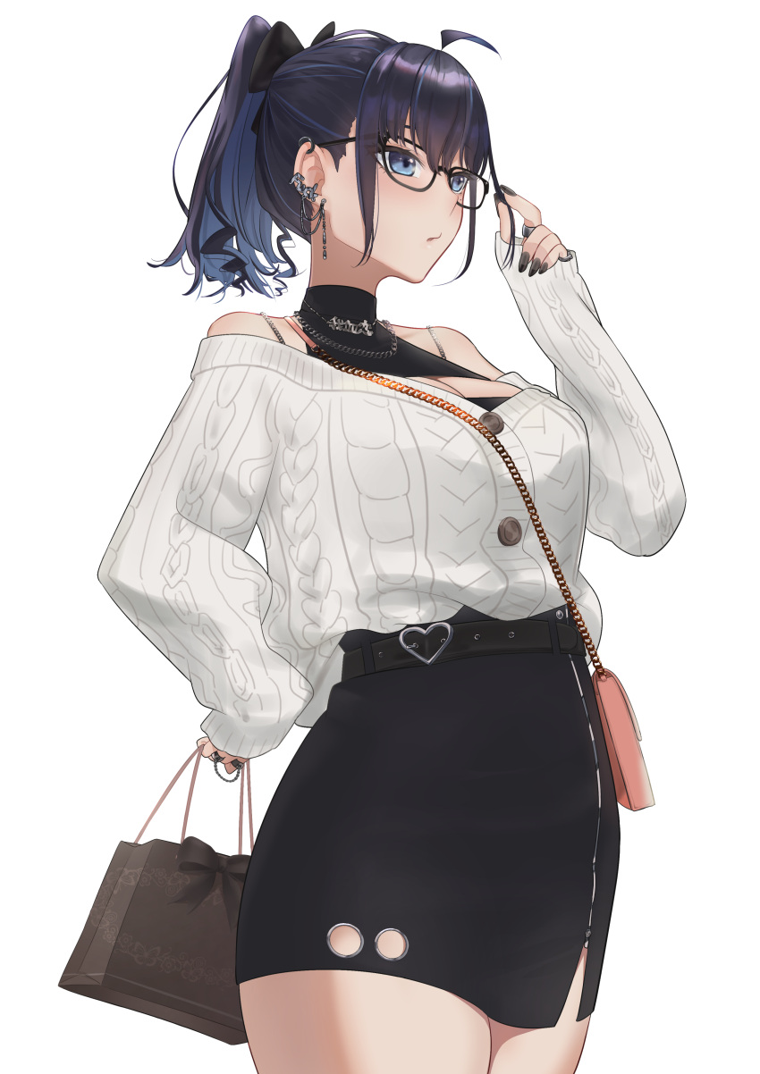 1girl, absurdres, ahoge, bag, black-framed_eyewear, black_dress, black_hair, black_nails, blue_eyes, blue_hair, bokuno82, brown_bag, closed_mouth, dress, ear_piercing, glasses, handbag, highres, holding, holding_bag, kson, kson_(party_dress), multicolored_hair, nail_polish, piercing, sleeveless, sleeveless_dress, solo, streaked_hair, sweater, virtual_youtuber, vshojo, white_background, white_sweater