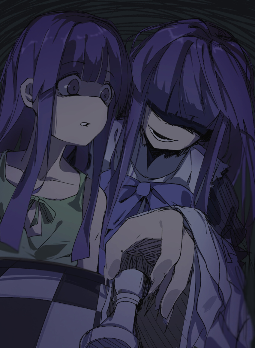 2girls, blue_hair, blue_ribbon, board_game, bow, bowtie, chess, chess_piece