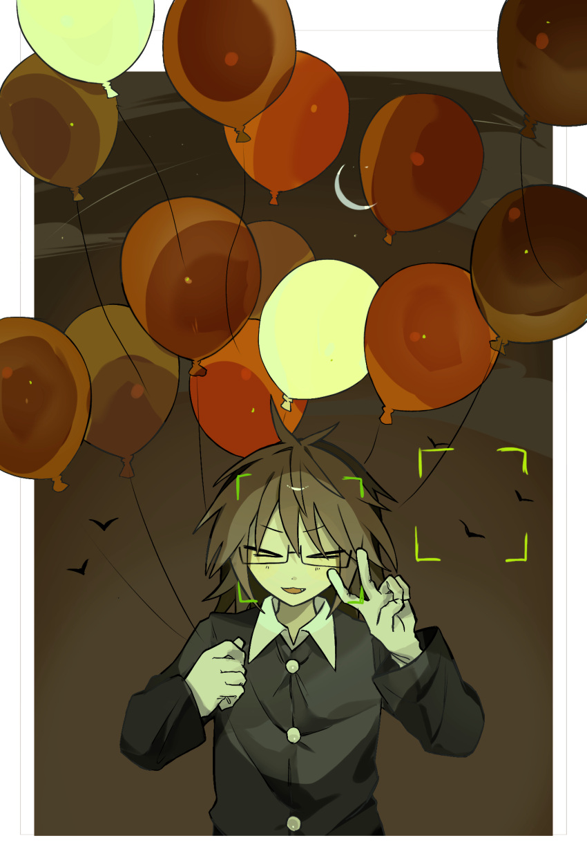 >_<, 1boy, balloon, black_coat, brown_background, brown_hair, brown_sky, closed_eyes