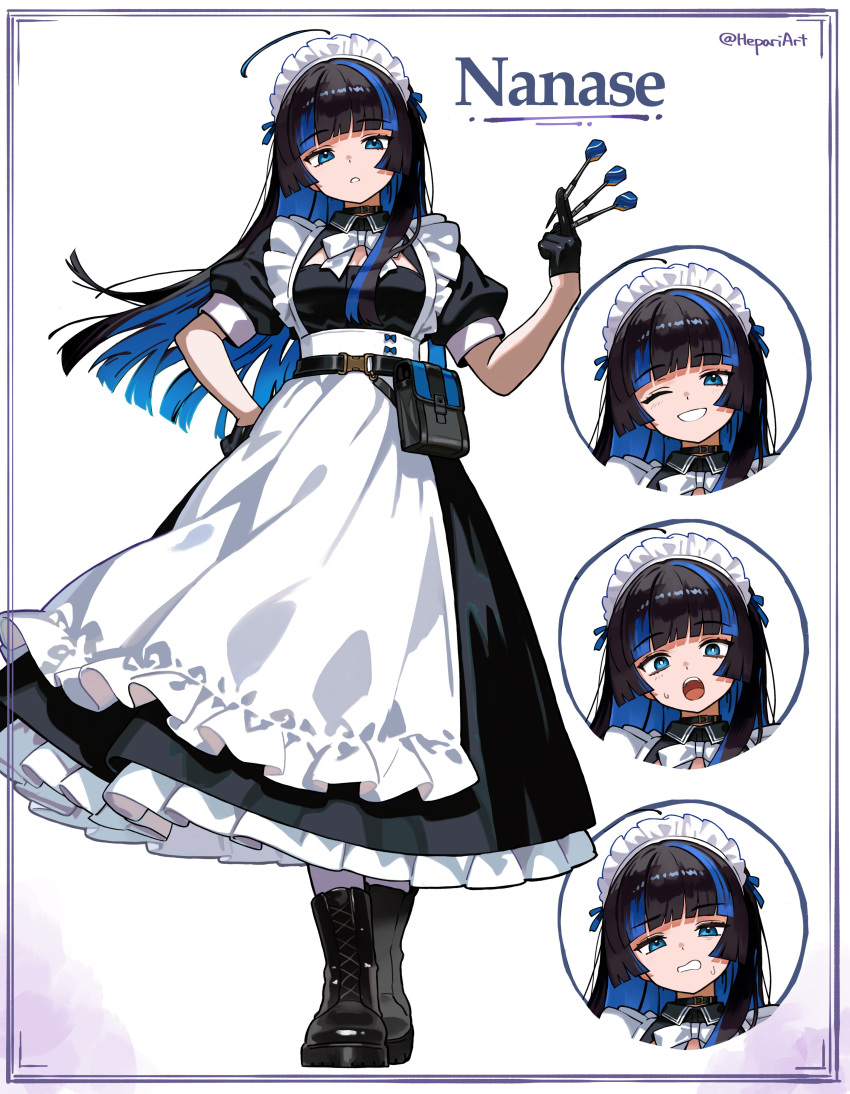1girl, absurdres, ahoge, black_boots, black_gloves, black_hair, blue_eyes, blue_hair