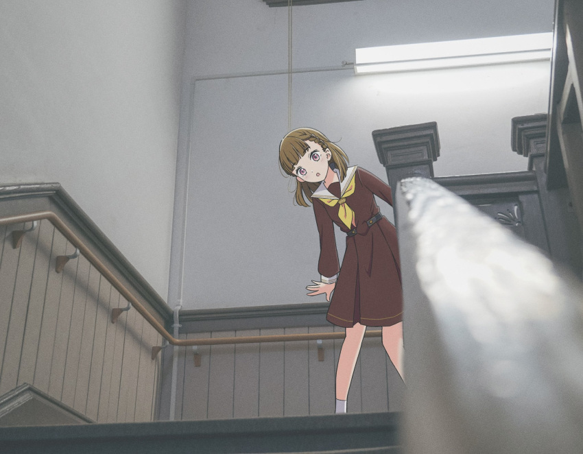 1girl, :o, alt_text, black_bow, bow, braid, brown_dress, brown_hair