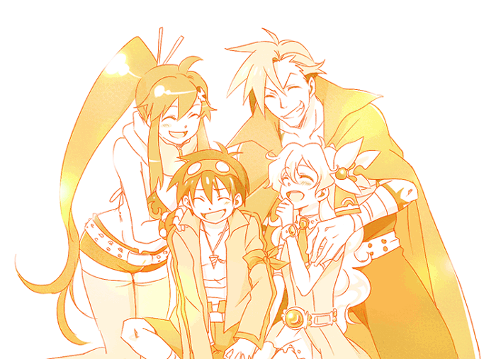cape, couple, good_end, grin, happy, jewelry, kamina, long_hair