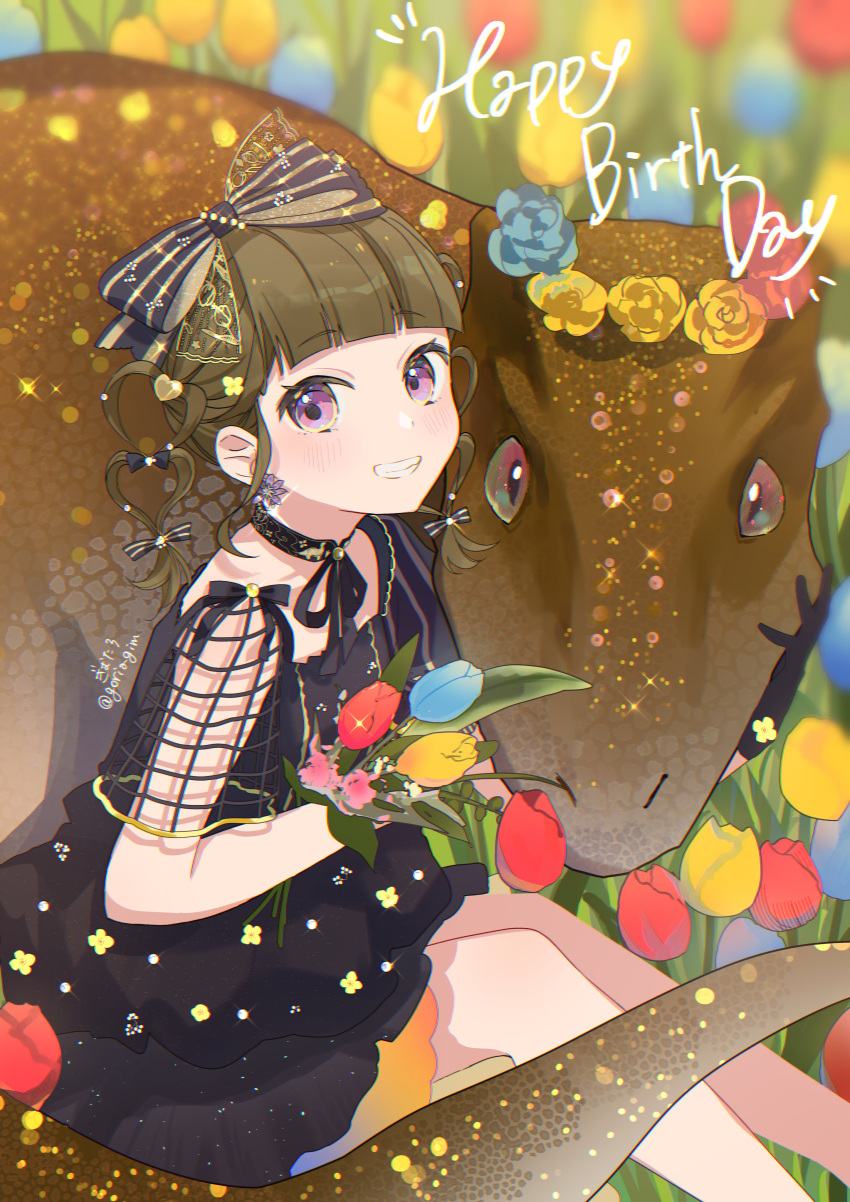 1girl, absurdres, black_bow, black_choker, black_dress, black_gloves, blue_flower, bow, choker, commentary, dress, earrings, feet_out_of_frame, flower, flower_wreath, frilled_dress, frills, gim_(gim-gim-3919), gloves, hair_bow, happy_birthday, head_wreath, highres, holding, holding_flower, jewelry, kachimachi_kosuzu, kachimachi_kosuzu_(16th_birthday), light_particles, link!_like!_love_live!, looking_at_viewer, love_live!, official_alternate_costume, outdoors, red_flower, short_dress, short_sleeves, sitting, solo, tulip, tyrannosaurus_rex, yellow_flower