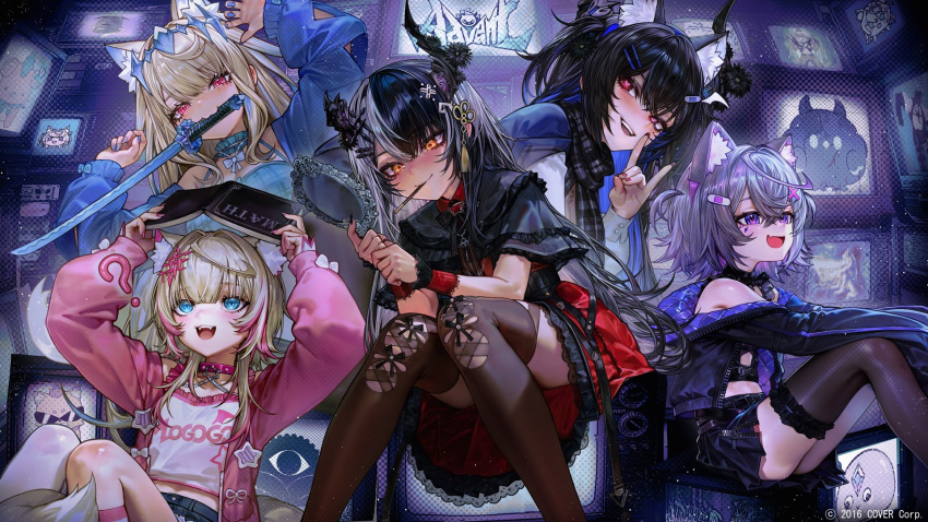 5girls, :d, ?, commentary, english_commentary, fangs, fox_shadow_puppet, fuwawa_abyssgard