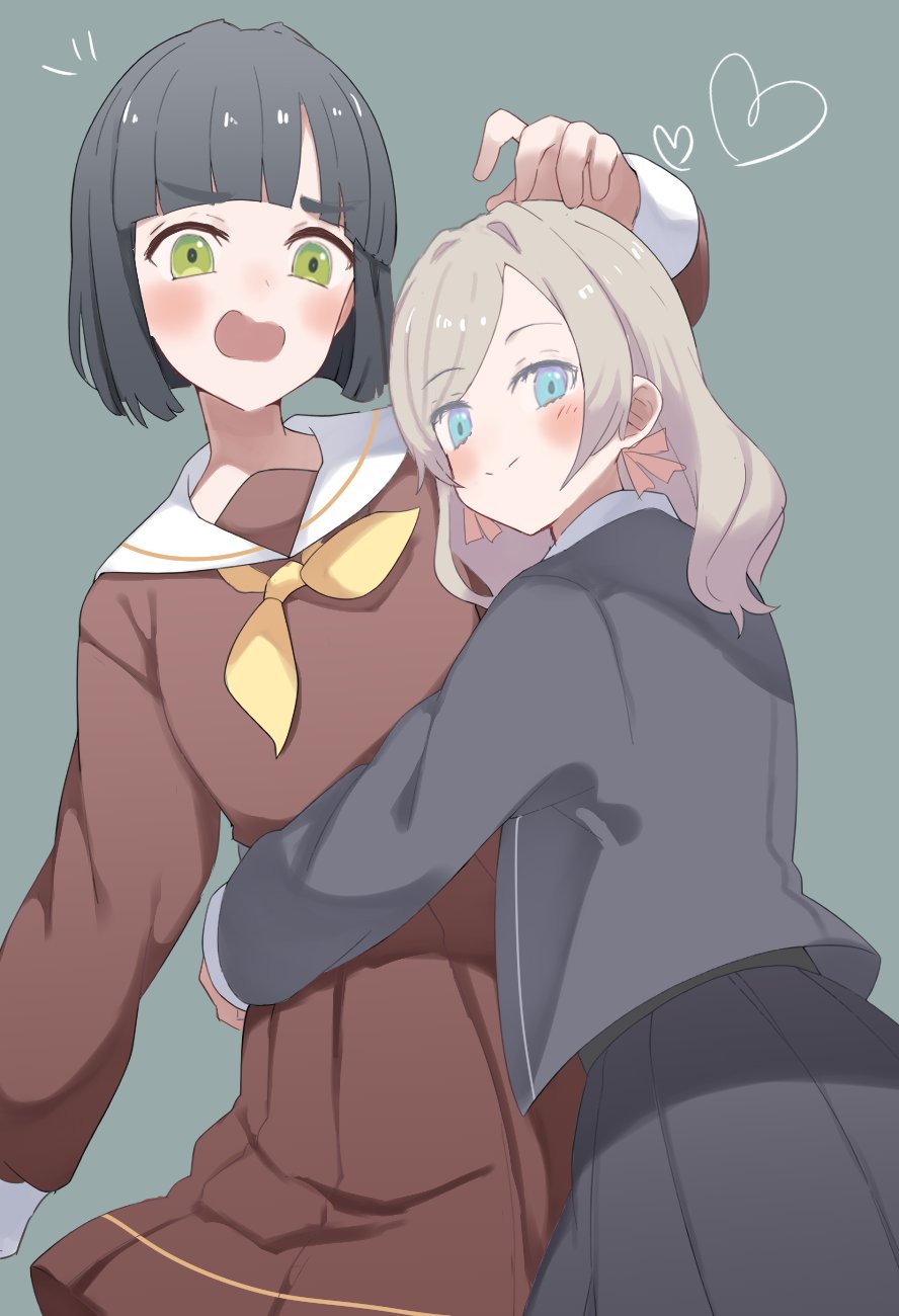 2girls, black_hair, black_jacket, black_skirt, blazer, blue_eyes, blunt_bangs, blunt_ends
