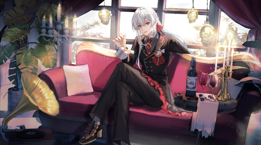 1boy, aikou_echo, alcohol, androgynous, bishounen, black_jacket, black_pants, black_shoes