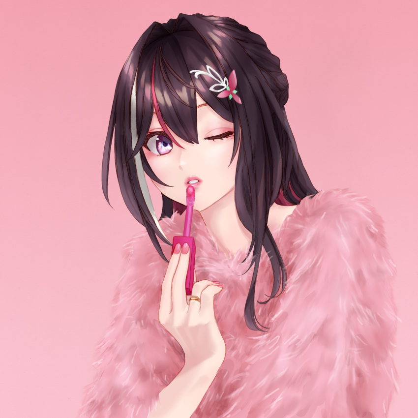 1girl, alternate_costume, applying_lipgloss, azki_(hololive), breasts, coat, double-parted_bangs, fur_coat, hair_between_eyes, hair_intakes, hair_ornament, hairclip, half_updo, highres, hololive, jewelry, lipgloss, long_hair, makino_hazuki_(s001_hazuki), mole, mole_under_eye, multicolored_hair, nail_polish, one_eye_closed, parted_lips, pink_background, pink_coat, pink_hair, pink_nails, ponytail, ring, short_ponytail, sidelocks, small_breasts, solo, streaked_hair, upper_body, violet_eyes, virtual_youtuber, wedding_ring, white_hair