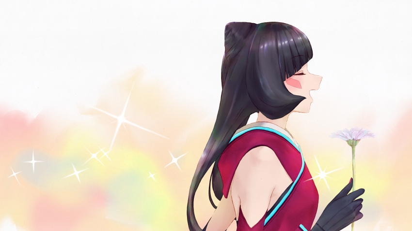 1girl, azki_(1st_costume)_(hololive), azki_(hololive), bare_shoulders, black_gloves, black_hair, closed_eyes, commentary_request