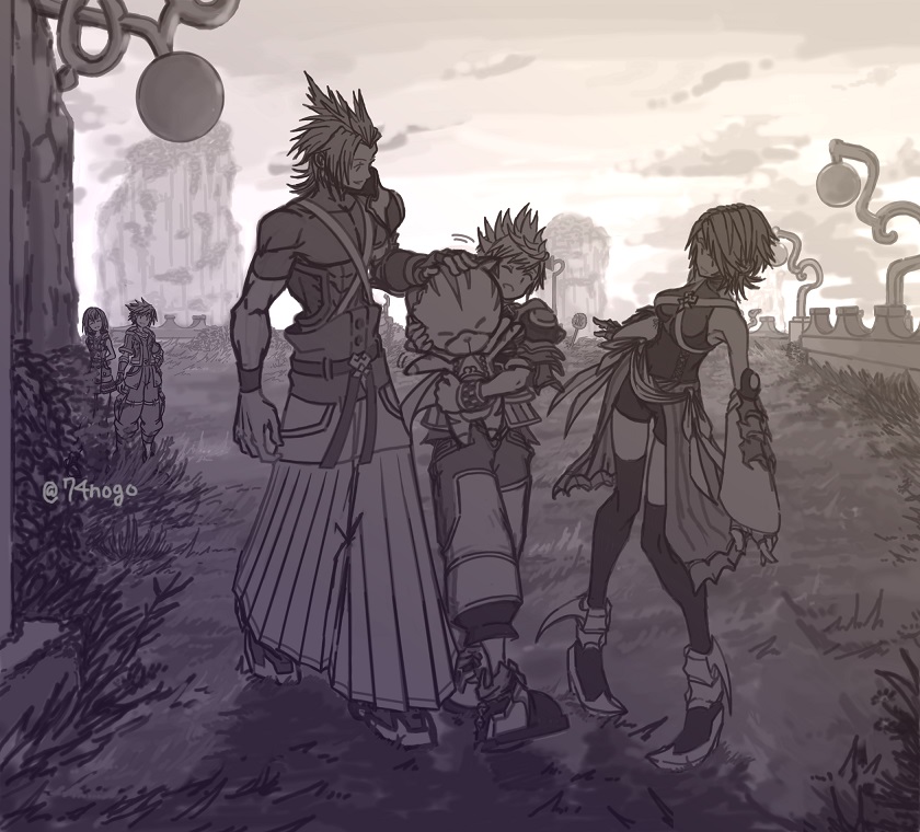 1girl, 2boys, 74nogo, aqua_(kingdom_hearts), checkered_wristband, chest_strap, chirithy, closed_eyes