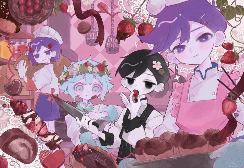 5boys, alternate_costume, basil_(headspace)_(omori), basil_(omori), black_eyes, black_hair, blush, closed_mouth