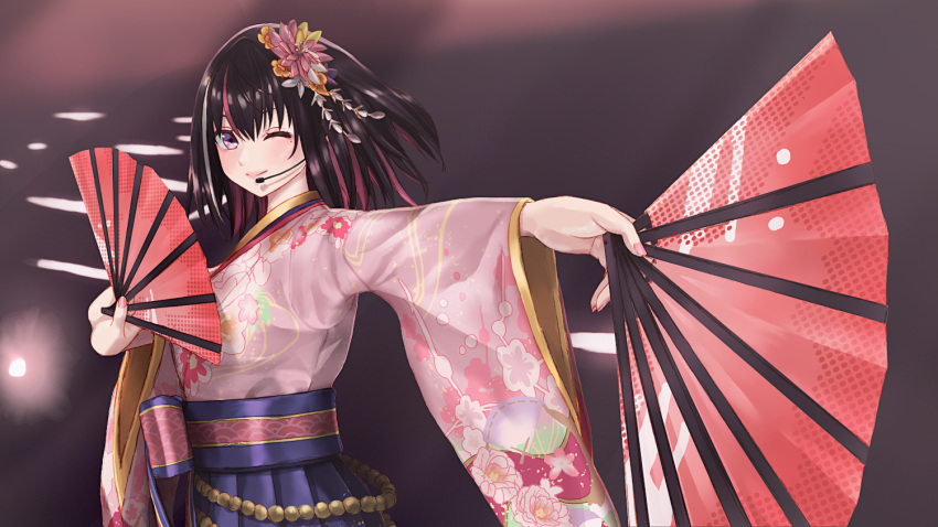 1girl, ;), azki_(hololive), azki_(new_year)_(hololive), blue_sash, blue_skirt, bob_cut, brown_hair