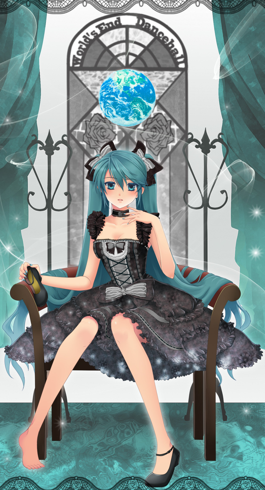 1girl, aqua_eyes, aqua_hair, barefoot, bow, chair, choker, dress