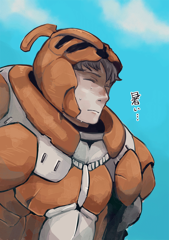 1boy, armor, black_hair, closed_eyes, facing_to_the_side, fire_emblem, fire_emblem_awakening, full_armor, grey_armor, kellam_(fire_emblem), orange_armor, short_hair, translation_request, turry, two-tone_armor, upper_body