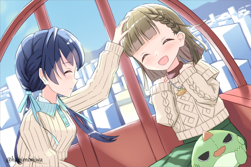 2girls, :d, ^_^, aran_sweater, blue_hair, blue_ribbon, blush, braid, brown_hair, cable_knit, casual, center-flap_bangs, closed_eyes, closed_mouth, collared_shirt, commentary_request, dutch_angle, facing_another, ferris_wheel_interior, green_skirt, hair_ribbon, hapimoniwa, headpat, highres, jewelry, kachimachi_kosuzu, kachimachi_kosuzu_(birdcage_casual), layered_sleeves, link!_like!_love_live!, long_hair, long_sleeves, love_live!, low_twintails, multiple_girls, murano_sayaka, murano_sayaka_(playground), necklace, official_alternate_costume, polo_shirt, profile, ribbed_shirt, ribbon, shirt, short_over_long_sleeves, short_sleeves, side_ahoge, side_braids, sitting, skirt, sleeves_past_wrists, smile, straight_hair, sweater, twintails, twitter_username, virtual_youtuber, yellow_shirt, yellow_sweater