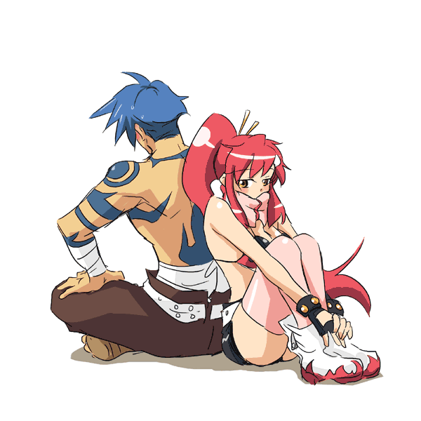1girl, back-to-back, blue_hair, blush, couple, kamina, lowres, pink_thighhighs