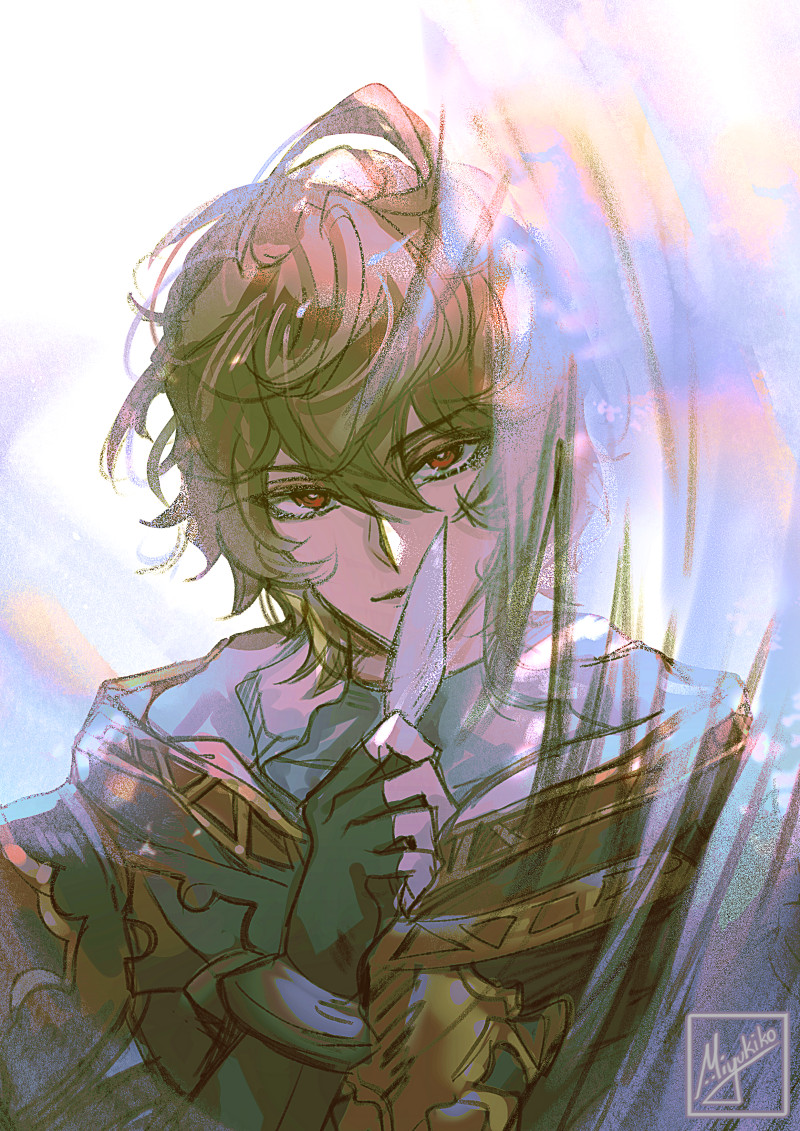 1boy, ahoge, armor, bishounen, black_gloves, bracelet, breastplate, brown_hair, commentary, english_commentary, feathers, fingerless_gloves, gloves, granblue_fantasy, granblue_fantasy_versus:_rising, hair_between_eyes, holding, holding_feather, hood, hood_down, jewelry, light_smile, long_sleeves, looking_at_viewer, male_focus, messy_hair, miyukiko, red_eyes, release_celebration, sandalphon_(granblue_fantasy), short_hair, shoulder_armor, signature, simple_background, solo, turtleneck, upper_body, white_background